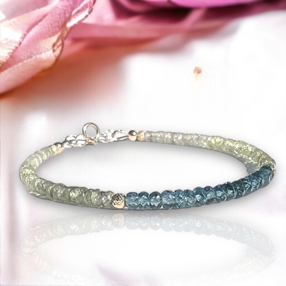 Natural London Blue Topaz, Ombre Green Sapphire Bracelet Handmade Solid 14k Gold - Picture 5 of 9